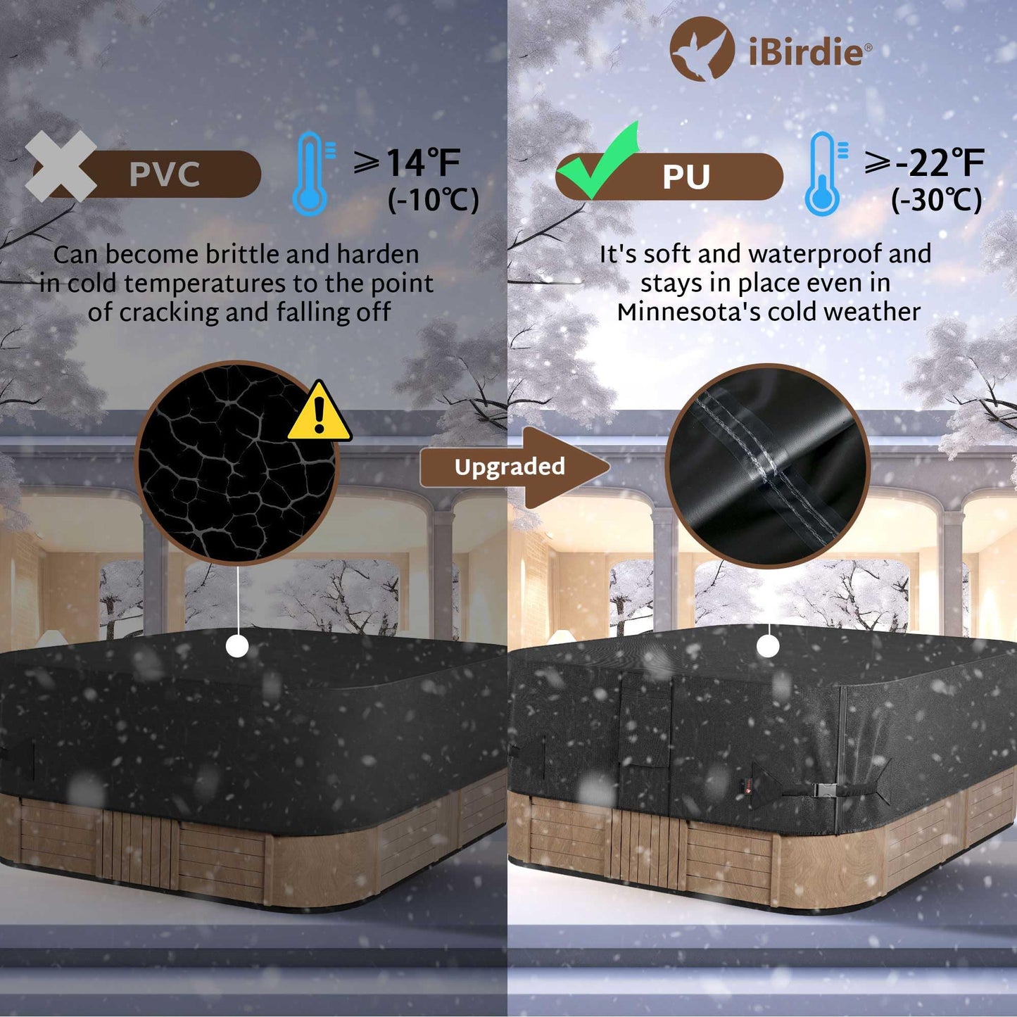 iBirdie Outdoor Waterproof Rectangular Hot Tub Cover 73 x 62 inch fit 72 x 61 or 71 x 60 or 70 x 59 SPA 600D Heavy Duty Rectangle Weatherproof Protectors Protective Cover Cap