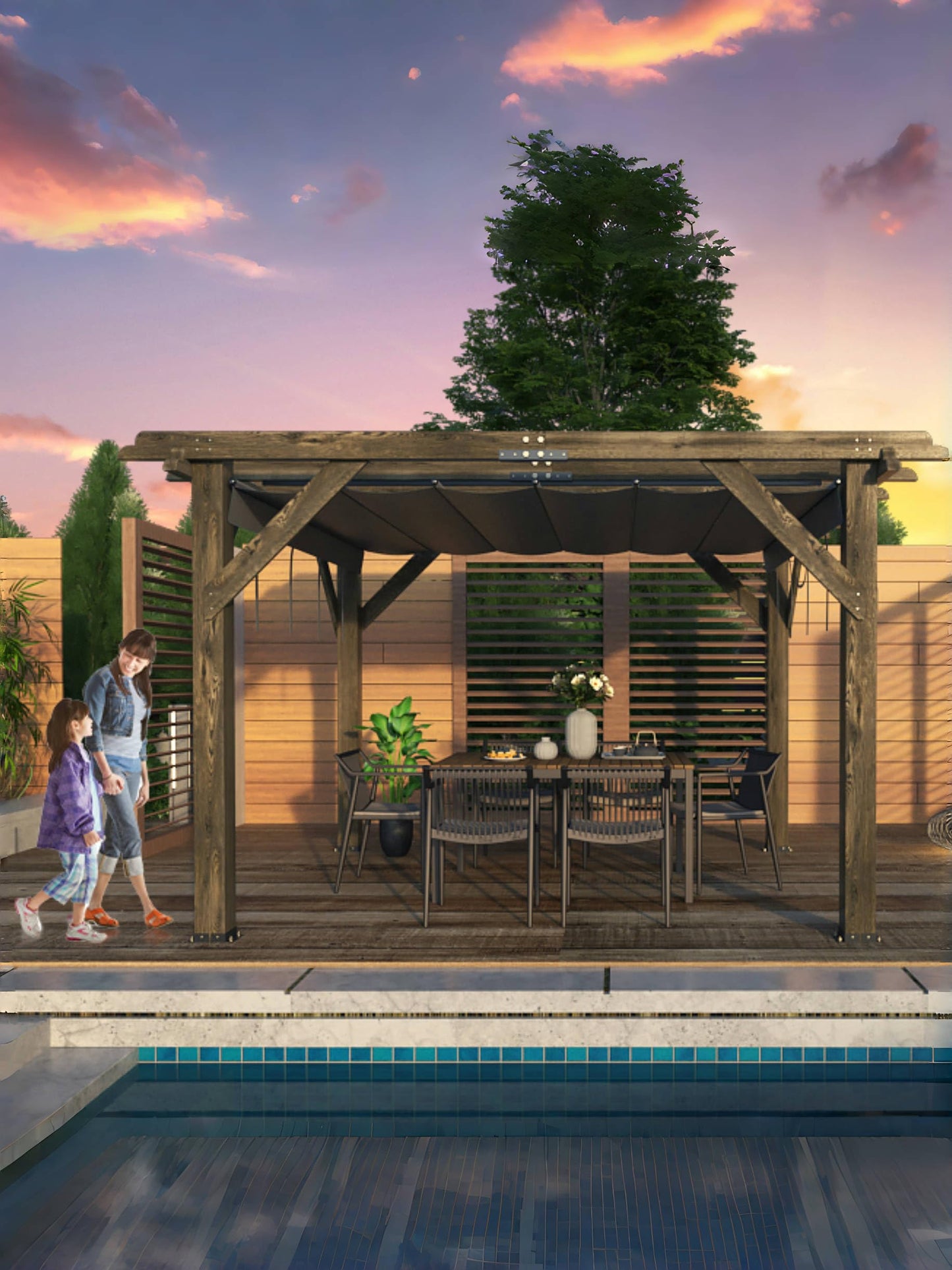 Perbyste 10'X 12' Outdoor Pergola, Wood Pergola with Retractable Shade Canopy for Backyards, Gardens, Patios, Deck - Charcoal Gray