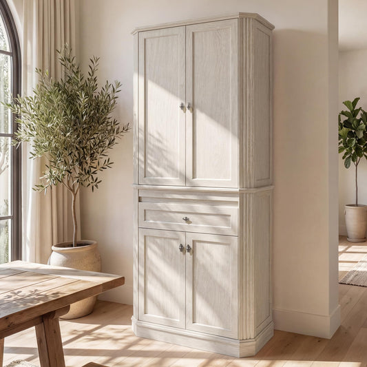 AMBERHAUS 72.2" Tall Kitchen Pantry Storage Cabinet with Doors, Farmhouse Storage Cabinet with Drawers, Adjustable Shelves and Pull-Out Shelves, White Wood Pantry Cupboard for Kitchen, Dining Room