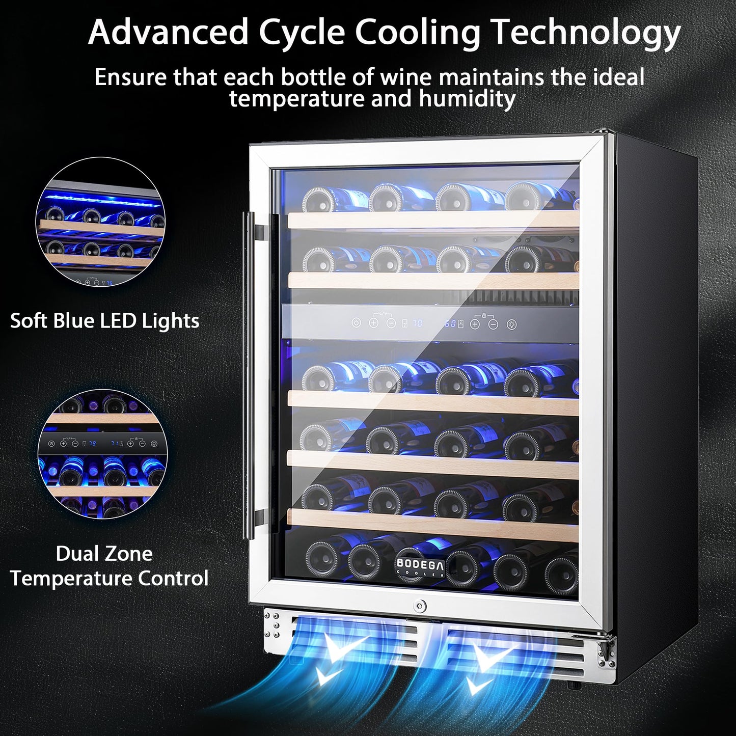 BODEGA 24 Inch Dual Zone Wine Fridge, 46 Bottle, Black 24” Wine Cooler Under Counter For Home and Kitchen, With Double-Layer Glass Door, Wine Refrigerators Free standing with Temperature Control.