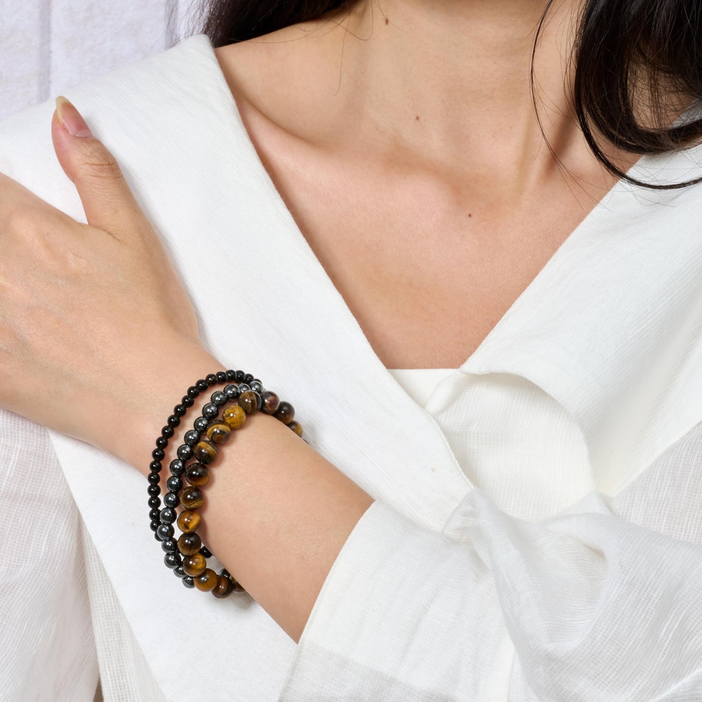 Bivei 3-Piece 8mm Beaded Bracelets for Women – Hematite, Black Tourmaline, Tiger Eye – Handmade Natural Crystal Stretch Elastic Jewelry for Meditation, Yoga, Protection Gifts