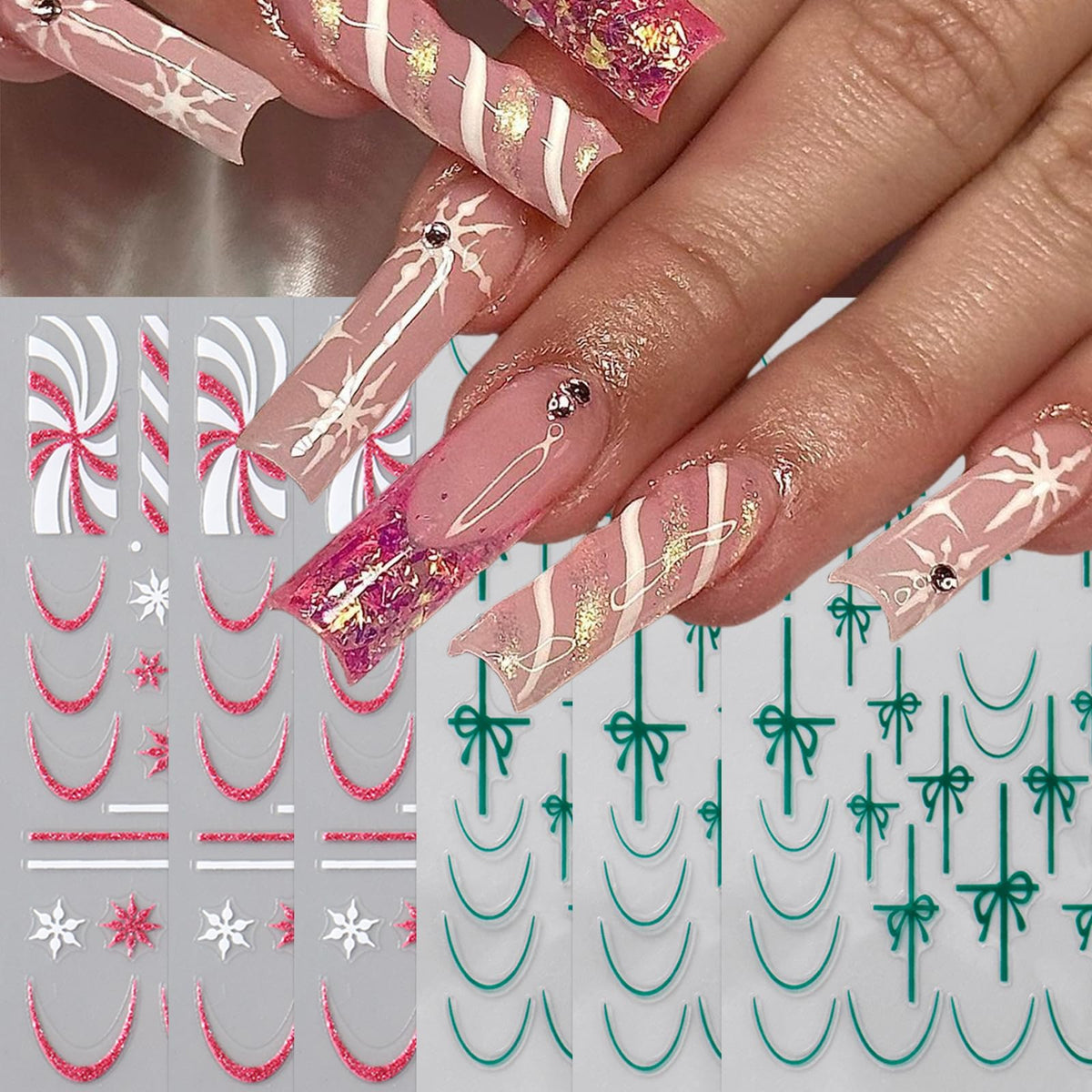 6 Pcs Christmas Nail Art Stickers Decals Pink White Glitter Snowflake Nail Decals with Green Gift Box Bow Green French Line Nail Design Pink Candy Stripe Nail Supplies for DIY Manicure Winter Xmas DIY