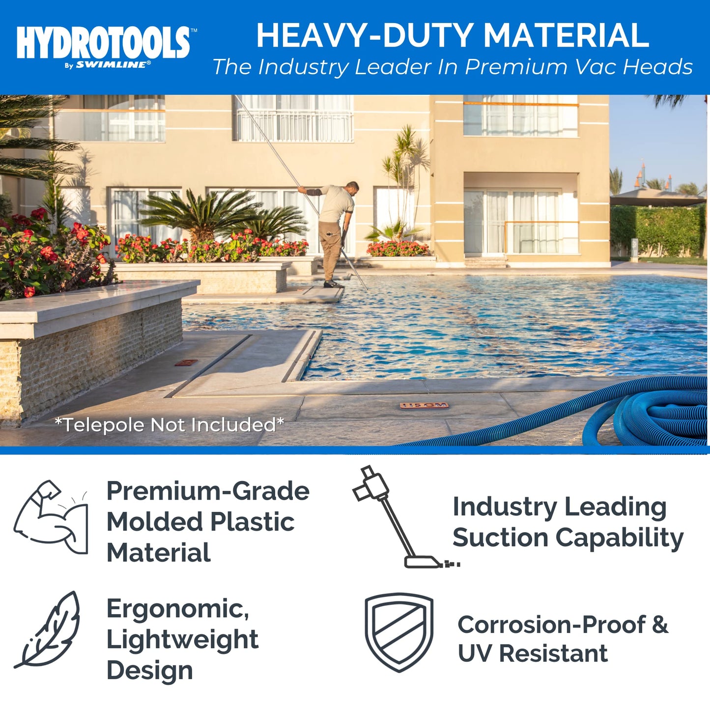SWIMLINE HYDROTOOLS Manual Pool Vacuum Head Attachment For Inground & Above Ground Pools |Weighted Swimming Pool Vac Head Clear Triangle Shape W/ Bristles| Swivel Hose 1-1/4 or 1-1/2’’| 8145