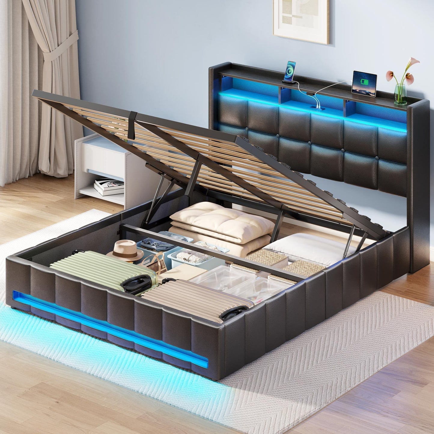 Rolanstar Bed Frame Queen Size with Lift Up Storage, Charging Station & LED Lights, Upholstered Storage Headboard, Heavy Duty Wooden Slats, No Box Spring Needed, Noise Free, Easy Assembly, Black