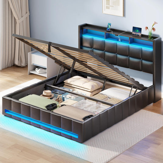 Rolanstar Bed Frame Queen Size with Lift Up Storage, Charging Station & LED Lights, Upholstered Storage Headboard, Heavy Duty Wooden Slats, No Box Spring Needed, Noise Free, Easy Assembly, Black