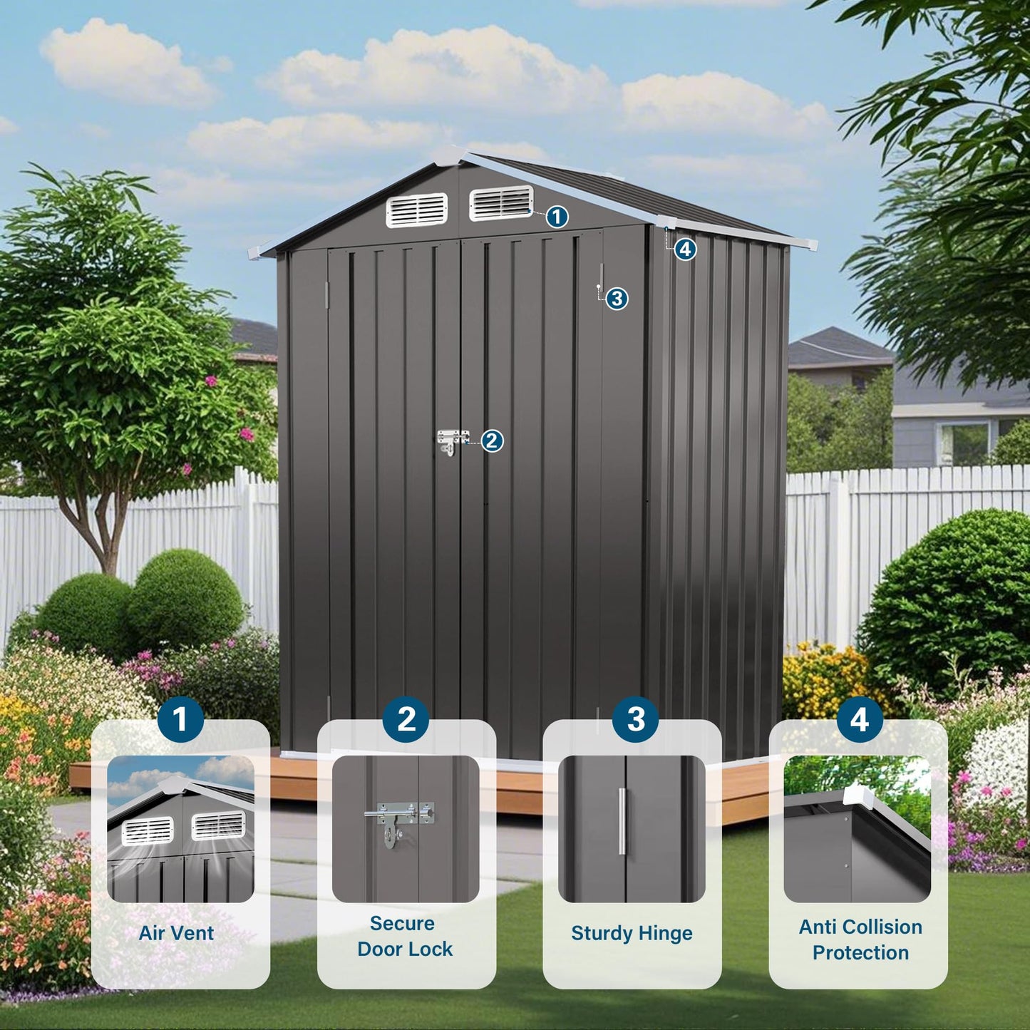 Caroluck 5x3 FT Metal Outdoor Storage Shed All-Weather Tool Shed with Peaked Waterproof Roof Lockable Door for Garden, Patio, Backyard & Lawn Organization, Gray