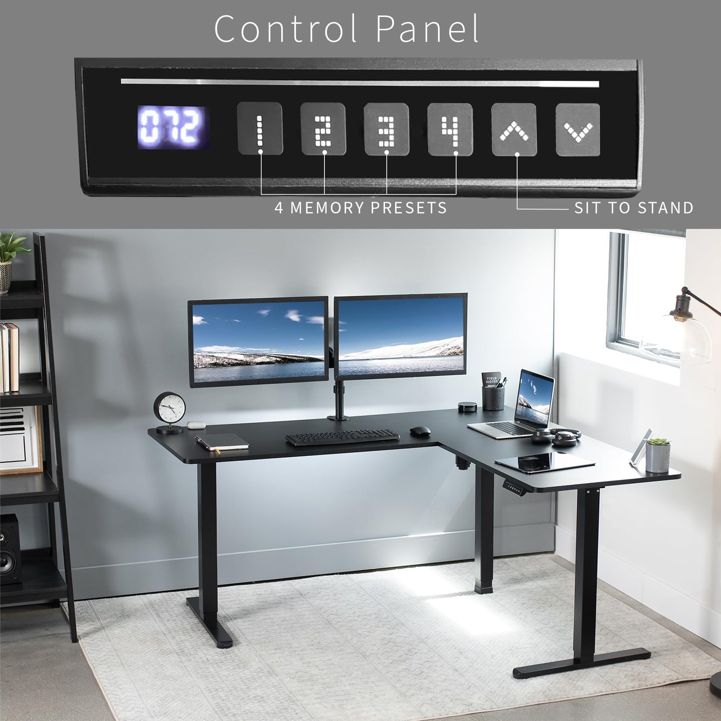 VIVO Corner Standing Desk, 63 x 55 inch Reversible L-Shaped Workstation, Electric Height Adjustment, Home, Office, and Reception Rooms, Black Table Top Black Frame, DESK-E3CTB