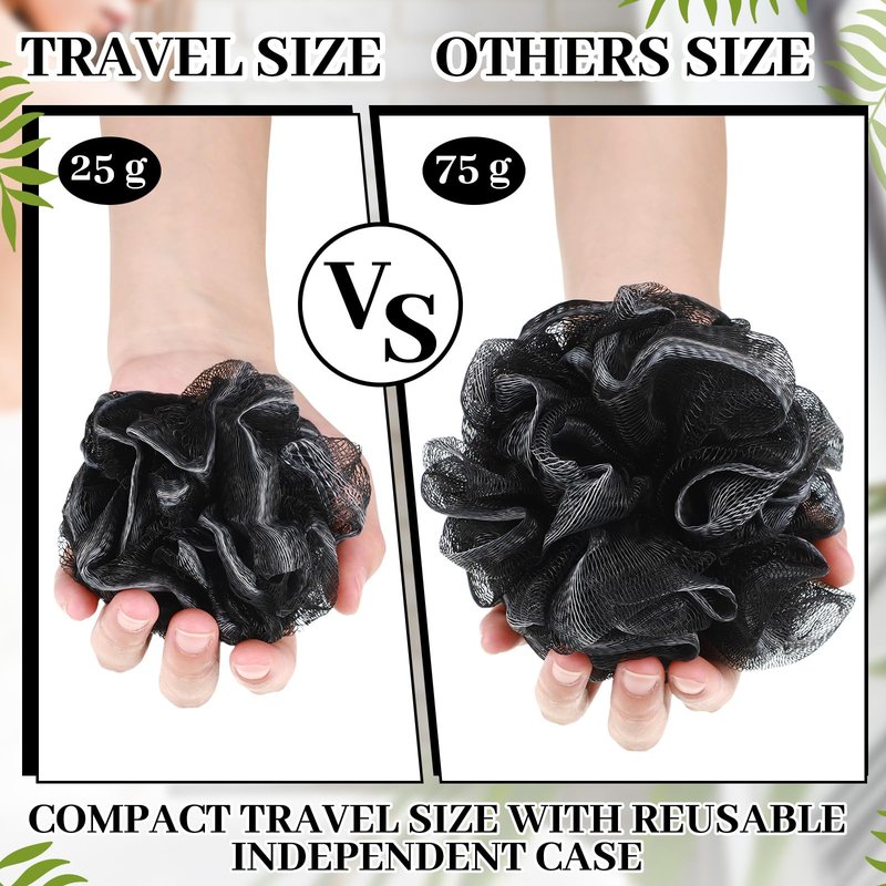 Funnymoom 12 Pcs Travel Size Loofah Individually Wrapped, Small Shower Puff Bath Sponge Pouf Ball Bulk Mesh Bath Puff Mini Loofah Sponge with Case Bulk for Shower Care (25g,Black)