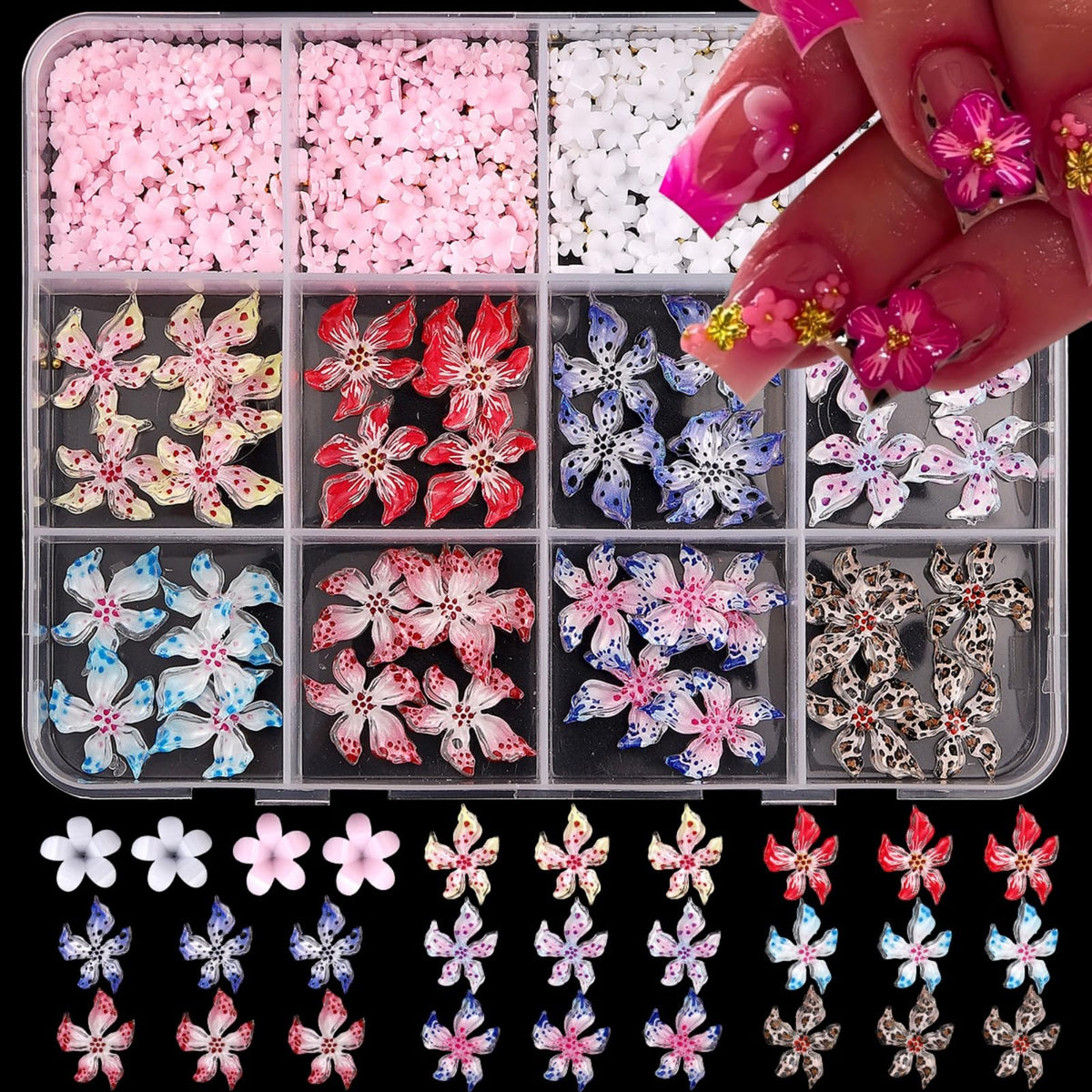 2 Styles Flower Nail Charms 3D Resin Floral Nail Gems Cute Colorful Red Blue Pink Petal Nail Jewels Spring Summer Hibiscus Hawaii Flowers Nail Art Supplies for Women DIY Acrylic Nail 12 Grids 1 Box