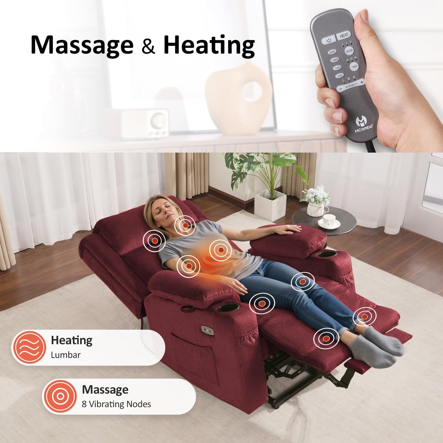 MCombo Large Triple Motor Power Lift Recliner Chair with Massage and Heat for Elderly People, Adjustable Headrest, Infinite Position, USB Ports, Fabric 7662 (Burgundy, Large)