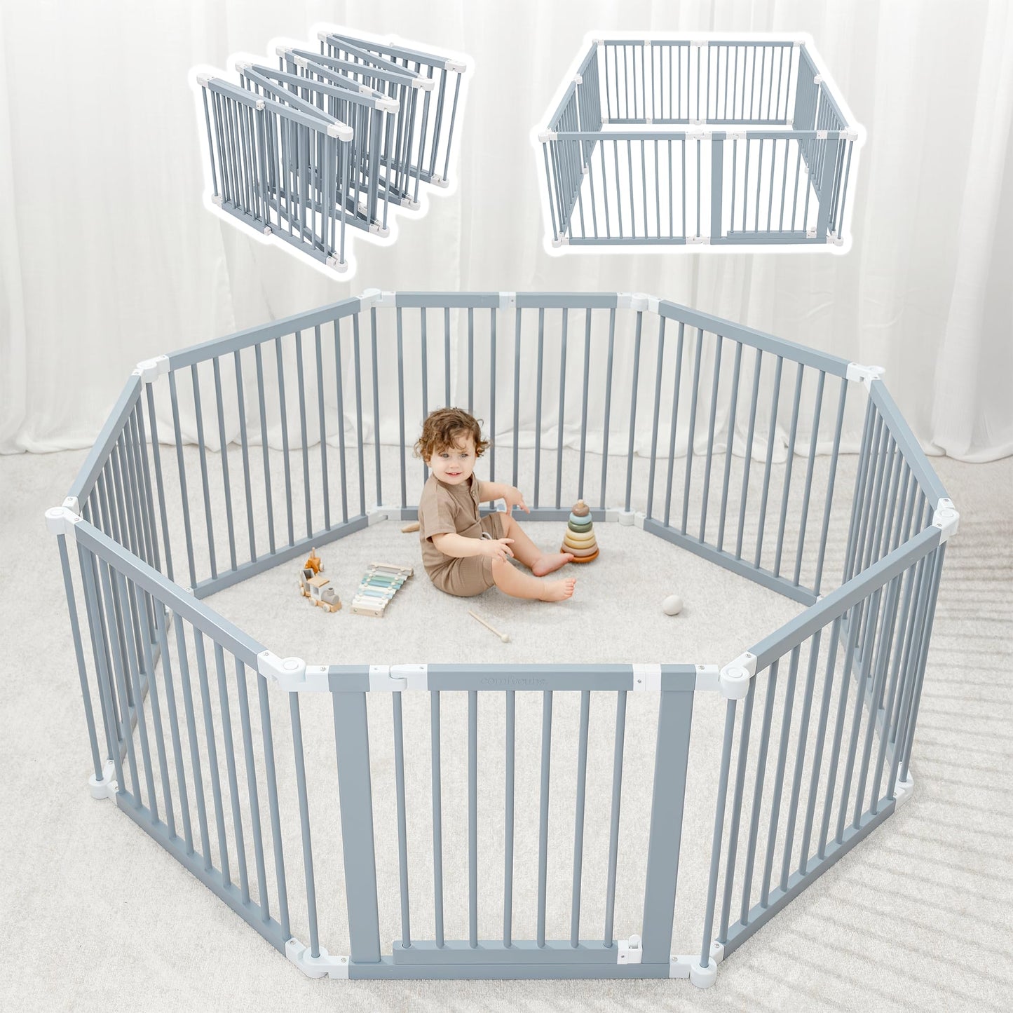 Comfy Cubs Baby Gate Playpen - 57 x 57 x 25 in, Extends Up to 228” - Pine Wood Foldable Playpen with Child-Proof Lock - Easy Assembly Baby Fence Play Area for Babies & Toddlers - Pacific Blue