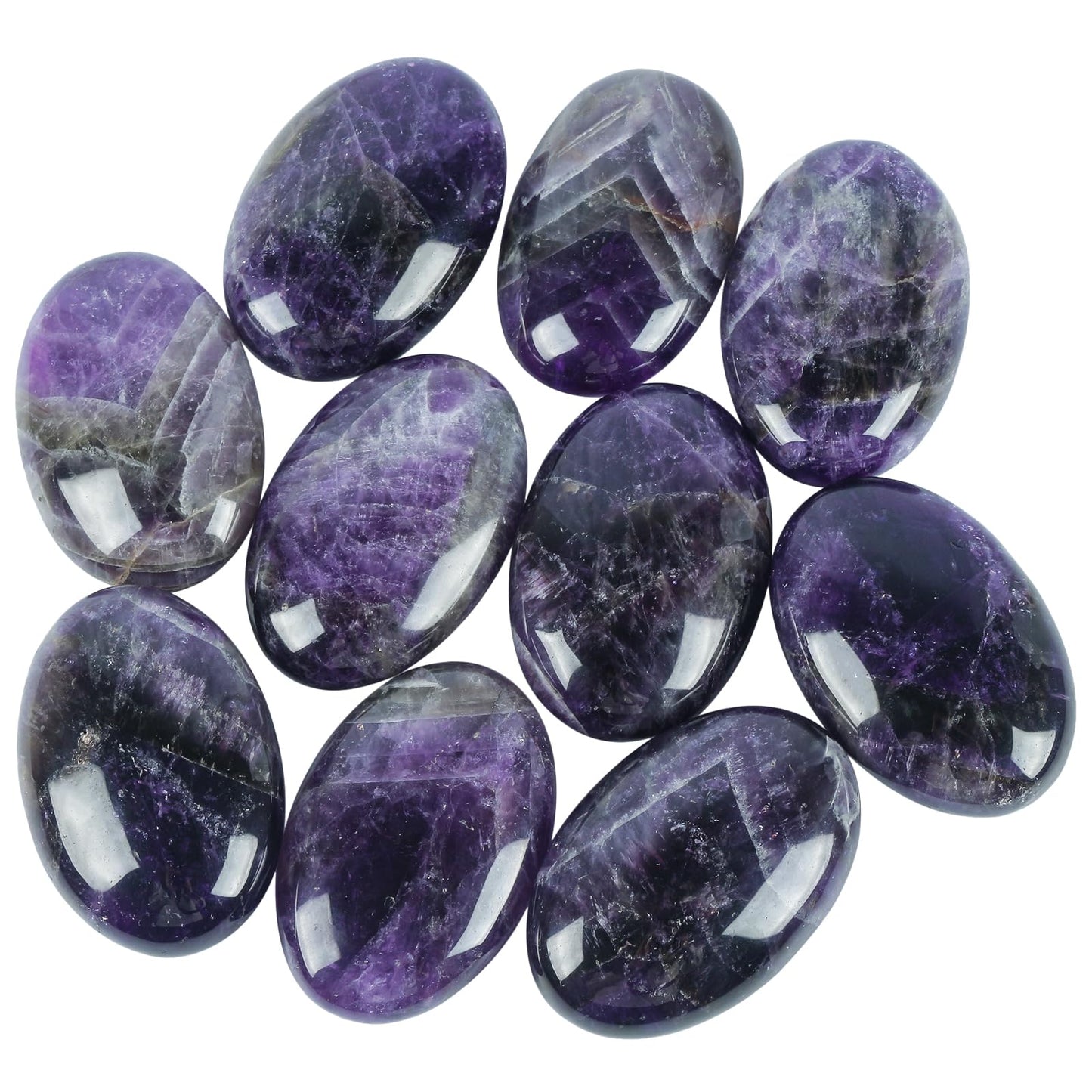 Loveliome Natural Amethyst Oval Polished Worry Stones, Healing Crystal Indoor Fountain Stones Massage Energy Anxiety Relief Items
