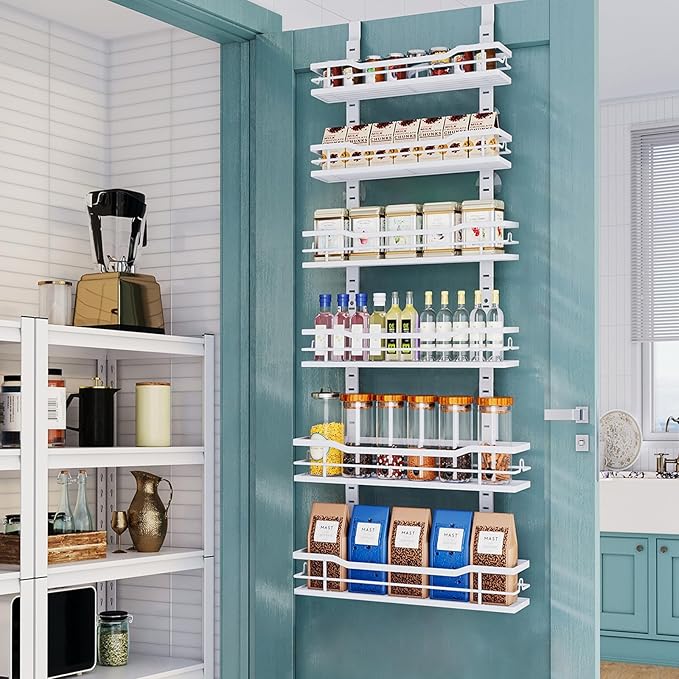 Eastherry Over The Door Pantry Organizerï¼6-Tier Over The Door Organizer with Adjustable Basketï¼Metal Hanging Pantry Organizers and Storage for Kitchen, Back of Door Seasoning Rack (White)