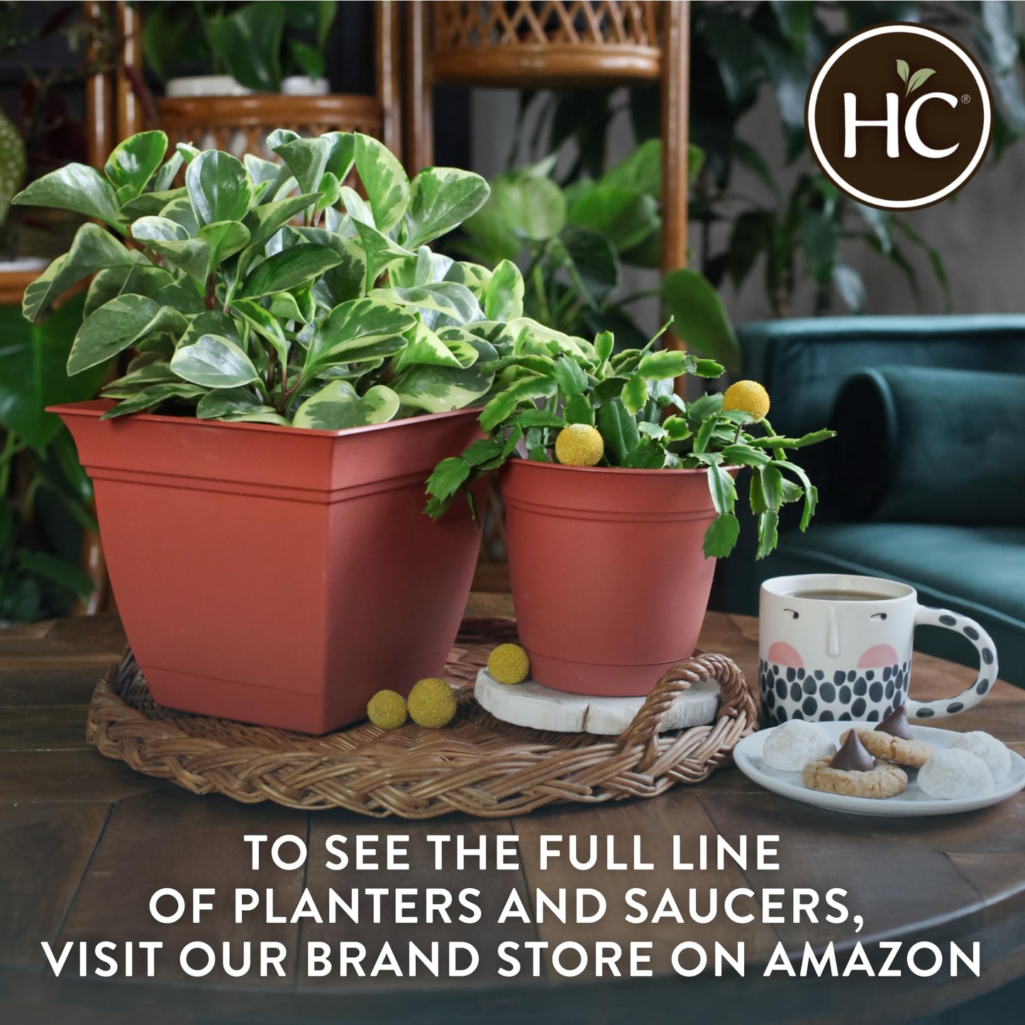 The HC Companies 12 Inch Eclipse Square Planter Pots with Drainage Holes & Attached Saucer, Lightweight UV-Resistant Plastic Indoor Outdoor Planters, 2-Pack Flower Pots for Garden & Home Decor, Clay