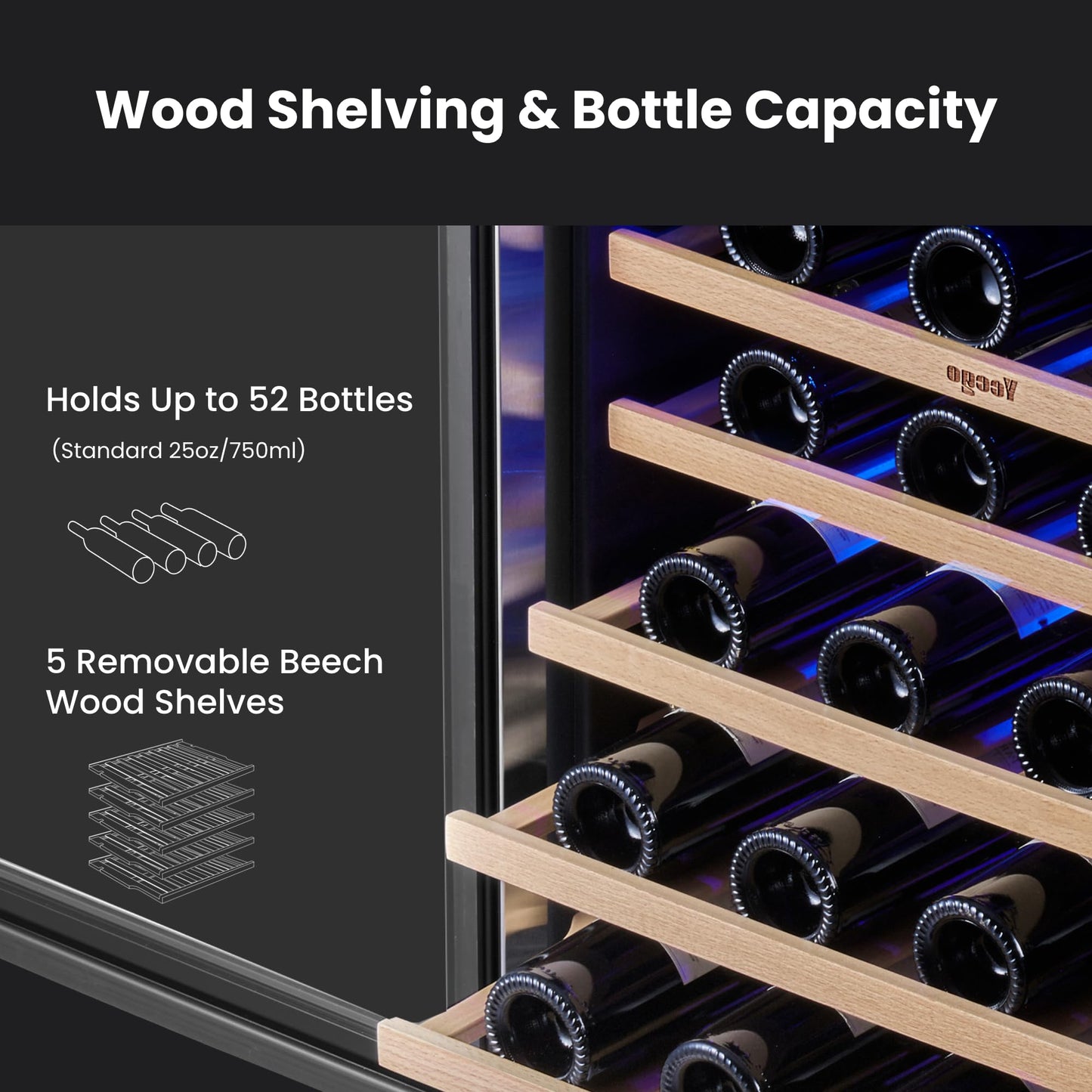 Yeego 24 Inch Wine Fridge Cooler - 52 Bottles Wine Cooler with Glass Door, 40-65℉ Built-In or Freestanding Refrigerator, Under Counter Wine Fridge for Kitchen Bar Office (Left-Hinged)