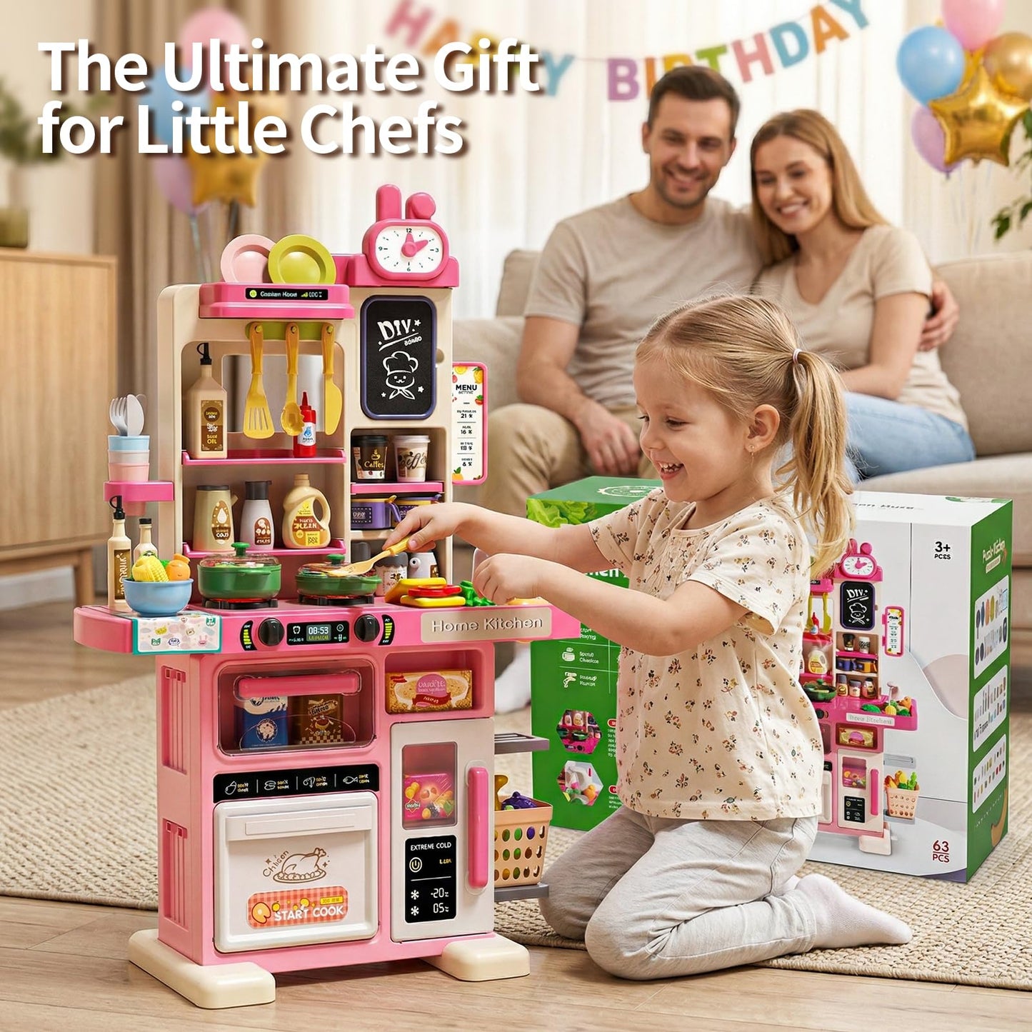 33.8IN - 70PCS Kids Kitchen Playset with Sound & Light - Cooking Stove with Steam, Play Sink and Toy Kitchen Accessories - Pretend Kitchen Play Food Toys for Kids Boys Girls - Toddler Play Kitchen Set