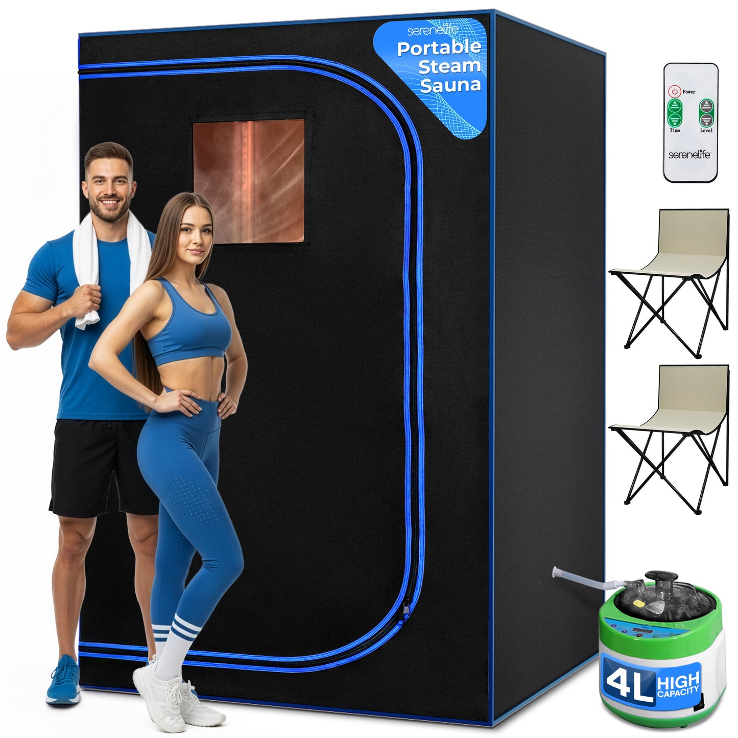 SereneLife Portable Sauna for Home, 2 Person Steam Tent with 4L Steamer, 2 Folding Chairs, Remote Control In-Home Spa, 6' x 4'