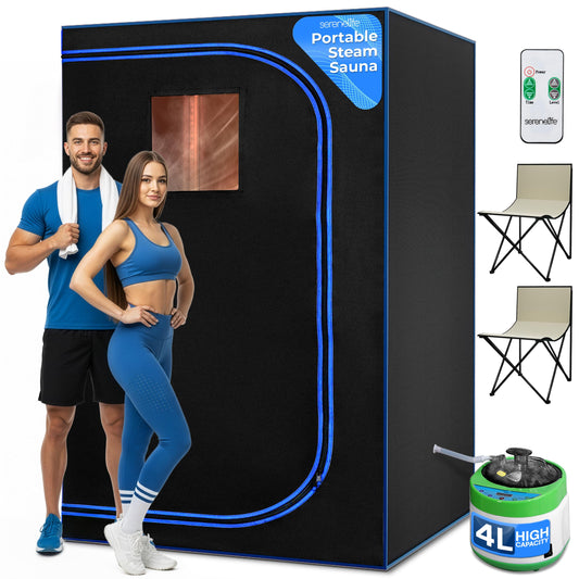 SereneLife Portable Sauna for Home, 2 Person Steam Tent with 4L Steamer, 2 Folding Chairs, Remote Control In-Home Spa, 6' x 4'