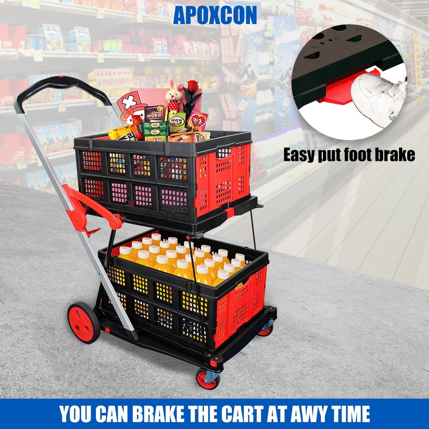APOXCON Collapsible Shopping Cart with 2 Storage Crates 2-Tier Portable Utility Cart with Swivel Wheels 200lb Capacity Heavy Duty Folding Trolley for Shopping Office Warehouse Catering (Red)