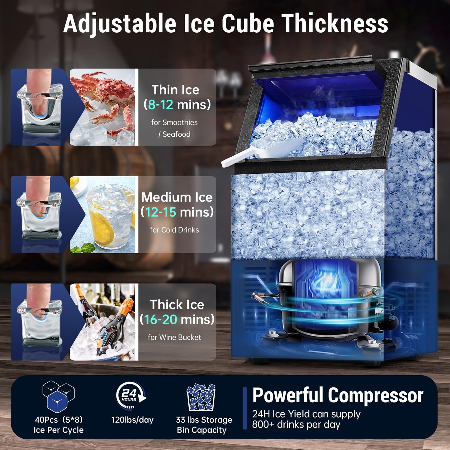 Amzgachfktch Commercial Ice Maker, 120 lbs/24H Ice Machine, 2 Water Inlet Modes, Under Counter Ice Maker with 33 lbs Storage, Auto Self-Cleaning, Freestanding Ice Machine for Home Office Bar