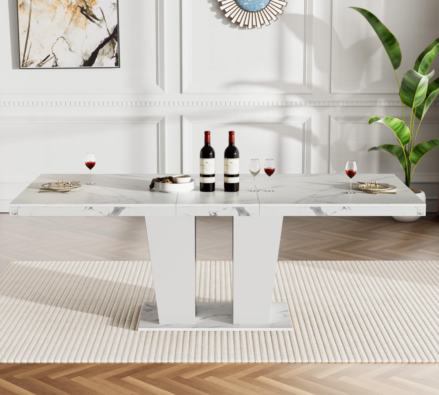MELAABUU 9 Pieces White Extendable Dining Table Set, 63"-78.74" Expanding Modern Kitchen and Dining Room Table Set for 8, Rectangle Faux Marble Extendable Dining Table& Beige Velvet Upholstered Chairs