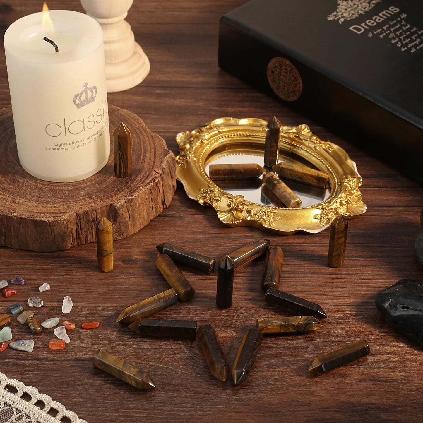 QINJIEJIE Tigers Eye 20 PCS Healing Crystals Stones Sets Wands Bulk Natural Pocket Crystal Towers Assorted Pointed Reiki Gemstones Polished Energy Meditation Chakra Gifts for Women Men