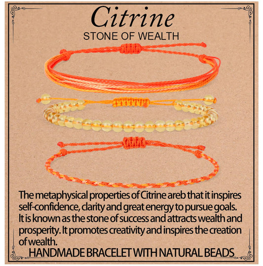QOGIR Handmade Healing Bracelets,4mm Natural Citrine Gem Stone Beads Bracelet for Men Women Gifts with 2PCS Size Adjustable Rope Bracelets