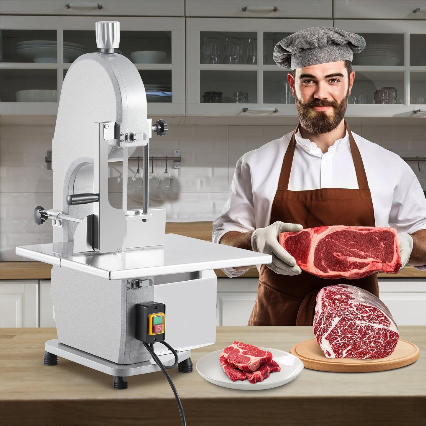  1100W Commercial Electric Meat & Bone Band Saw with Stainless Steel Table (19.3"x15"), Adjustable Thickness 0.16-7.9", Frozen Meat Cutter Includes 5 Blades – Ideal for Butcher Shops, Restaurants, Ho