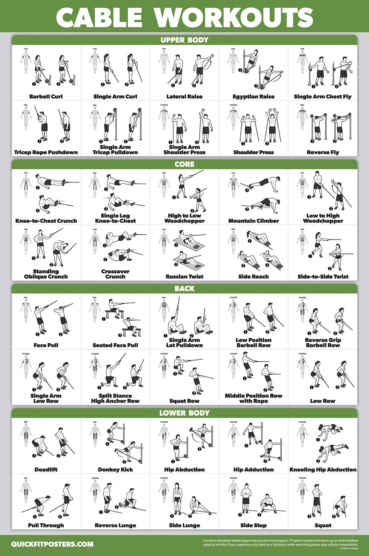 QUICKFIT Workout Poster Cable Machine, an Exercise Chart for Cable Training Station, Laminated, Gym, 18" x 24"""