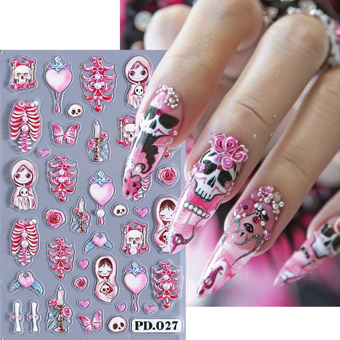 2Sheets Halloween Nail Art Stickers 5D Embossed Pink Skeleton Heart Nail Decals Self-Adhesive Spider Web Spider Stickers with Rhinestone Charms Design Nail Decal Rose Skull Nail Sticker for Women