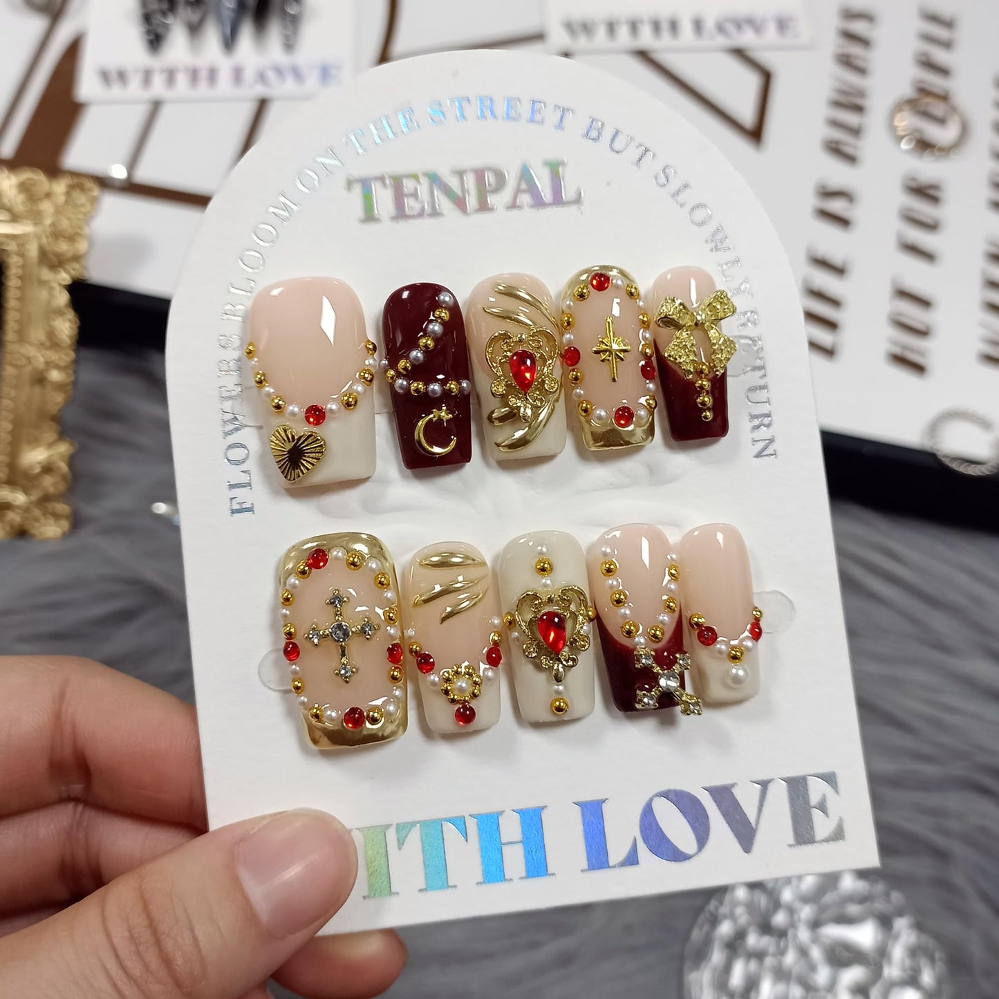 TENPAL Royal Baroque Style Handmade Press on Nails Medium Long- Wine Red & Gold French with 3D Cross Heart Pearl Designs | Regal Y2K Fake Nails with Tools for Women Girls(S)
