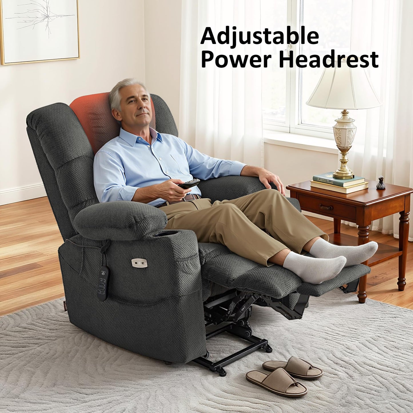 MCombo Large Triple Motor Power Lift Recliner Chair with Massage and Dual Heating, Adjustable Headrest for Tall Elderly People, Fabric 7634 (Grey, Large)