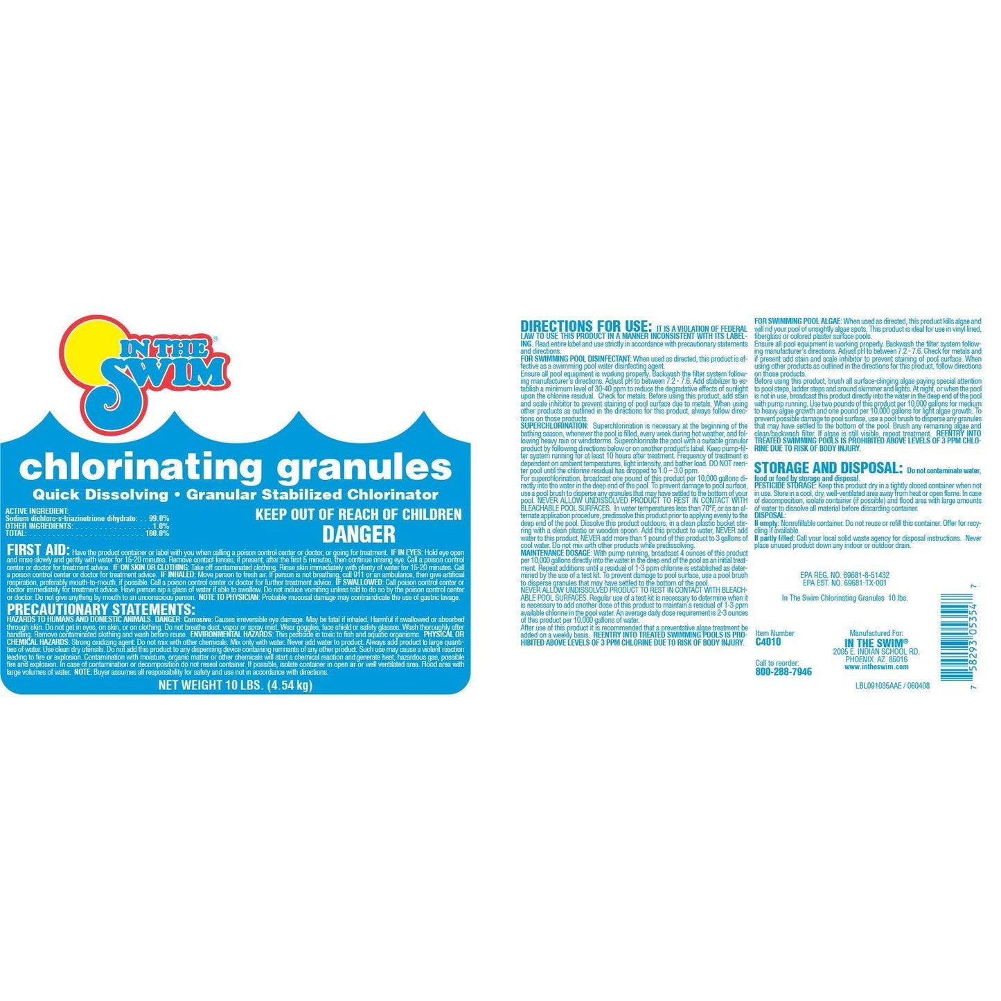 In The Swim Sodium Dichlor Chlorine Shock Granules for Sanitizing Swimming Pools – Fast Dissolving, pH Balanced Sanitizer - 56% Available Chlorine, 99% Sodium-Dichlor – 10 Pound
