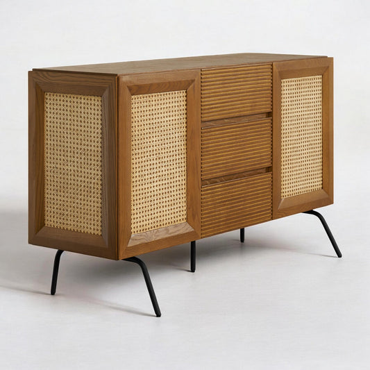 NTC MOSSIC Sideboard with 2 Doors and 3 Drawers, Buffet Cabinet with Natural Rattan and Metal Legs, Modern Storage Cabinet for Living Room, and Hallway, Effortless Assembly - Rustic Oak