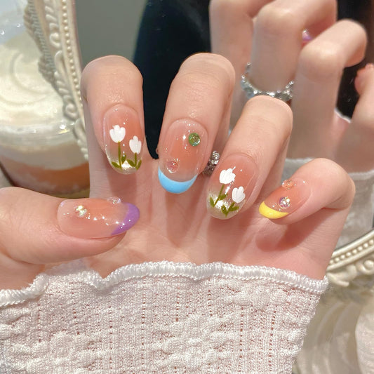 Yacey 3D Floral Handmade Press on Nails, Medium Oval Reusable False Nails Press Ons, Spring Colorful French Tips Thick Acrylic Fake Nails, Luxury Bling Glue on Nails for Women Girls (10 Pcs, S)