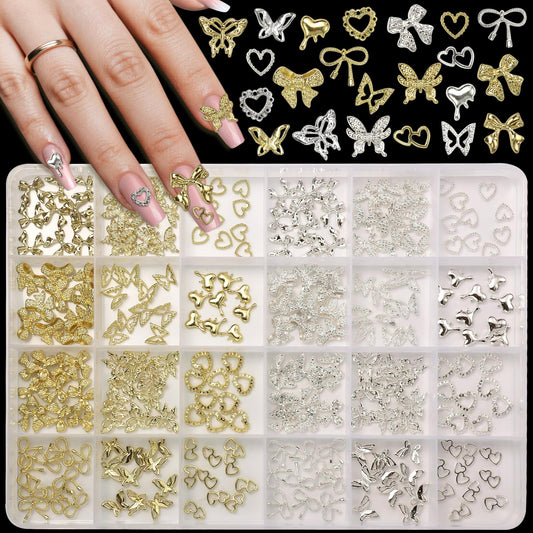 240 Pcs Alloy Gold Silver Nail Charms, Butterfly Heart Bow Gold Silver Nail Charms and Gems, 3D Y2K Metal Nails Jewels for DIY Nails Design Craft