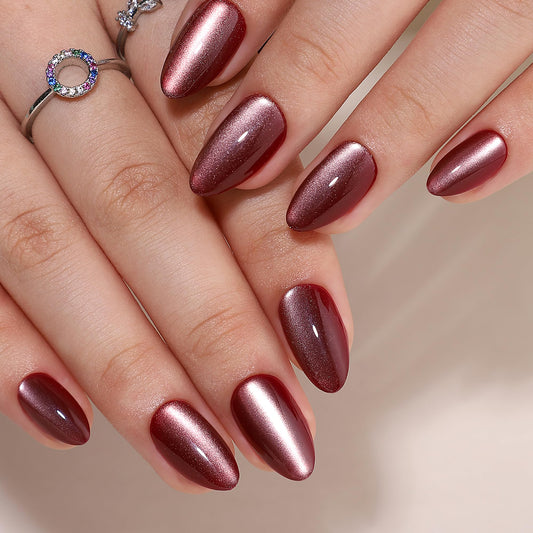 WAFOLOZE Gel Press On Nails - Almond Short Fake Nails With Glue, 16 Sizes, 32Pcs Reusable Soft Gel False Tips Kit, Wine Red
