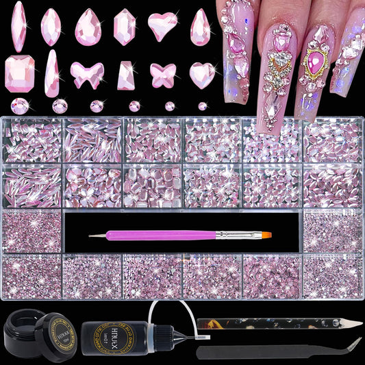 HNUIX Nail Rhinestones - 4550pcs Light Pink, Multiple Shape Gems, Flatback Crystal Rhinestones for Nails Decor Designs Kits