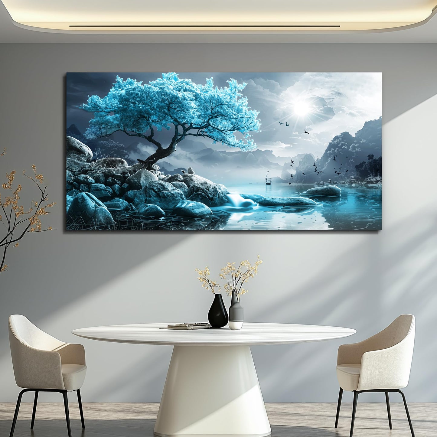 KELIYUAN Large Wall Art For Living Room Canvas Wall Decor Bedroom Blue Tree Landscape Wall Paintings Black And White Pictures Office Mural Framed Prints Artwork Modern Home Decorations 30x60in