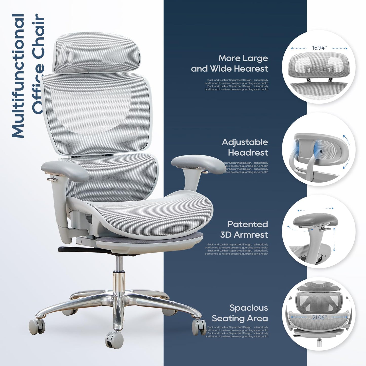 COLAMY Ergonomic Mesh Office Chair, High Back Desk Chair with Footrest, Adjustable Headrest and 3D Arms, Fixed Tilt Lock, Lumbar Support, Breathable Mesh Computer Chair for Home Office,Grey