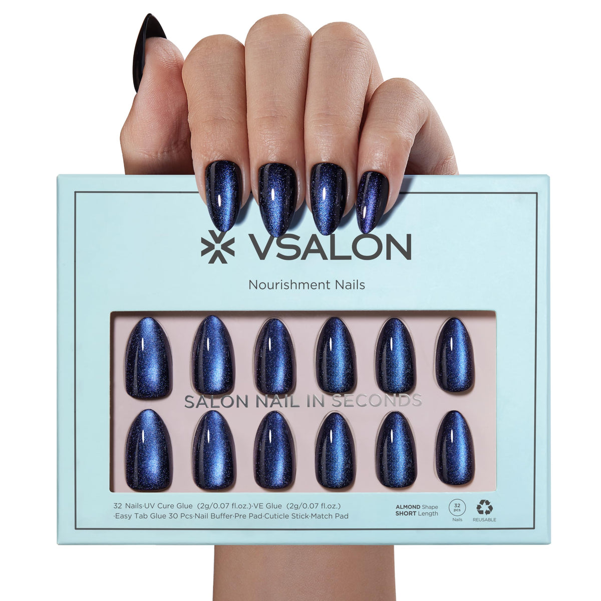 VSALON Short Almond Press on Nails - Blue Cat Eye Velvet Fake Nails for Women - Opaque Reusable Salon Quality Summer Shimmer Glue on Nails with Adhesive - 32 PCS in 16 Sizes