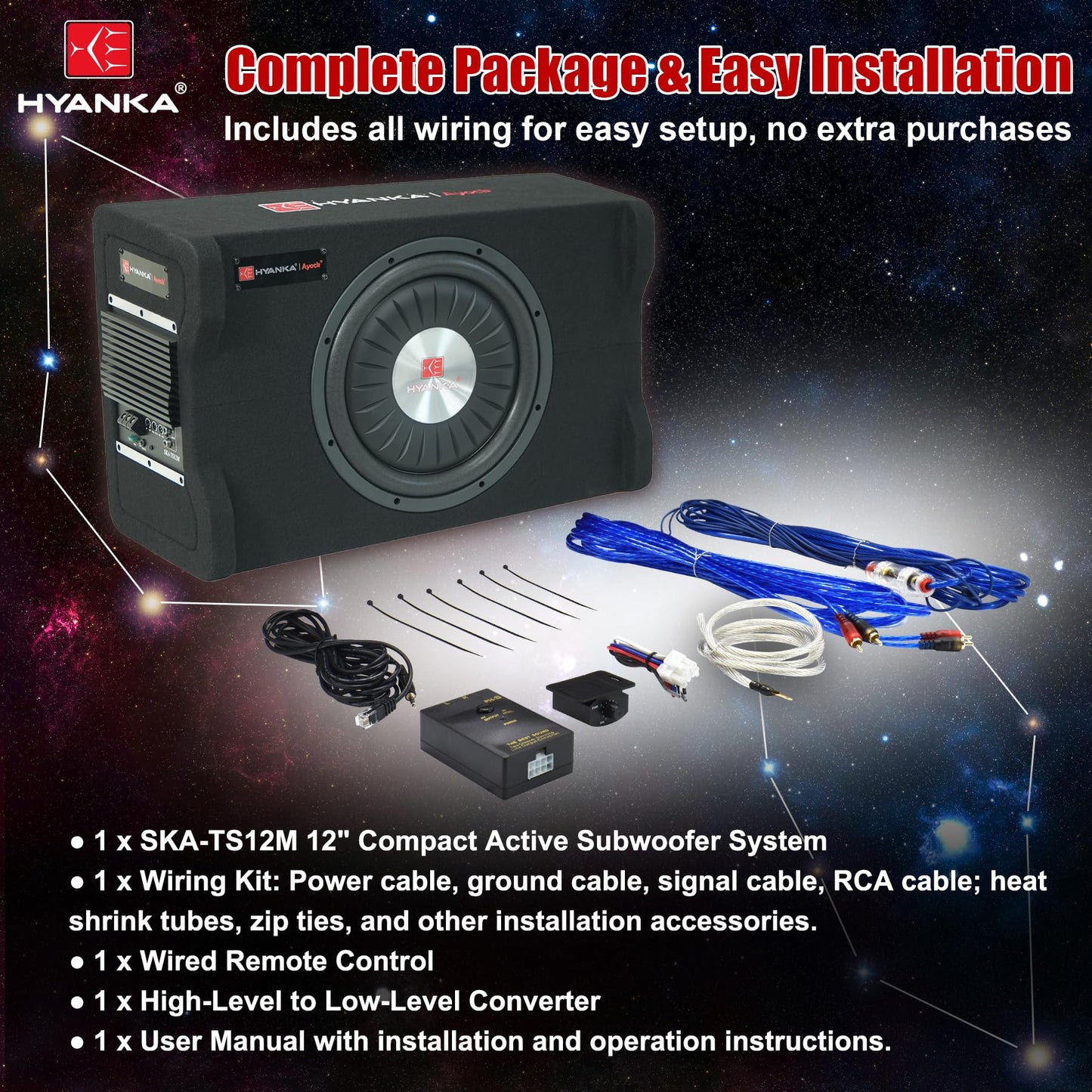H YANKA SKA-TS12M 12" Compact Active Subwoofer System, 1200W Car Audio Bass Subwoofer, 300W RMS SUB with Built-in Amplifier, Easy Installation, Powerful Deep Bass for Car Trunk