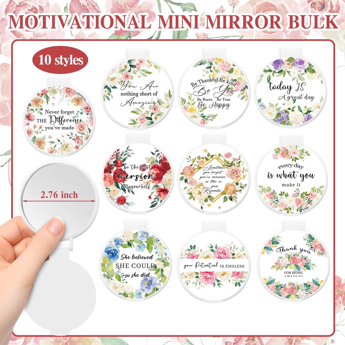 KOPOOEOE 40 Pcs Floral Inspirational Gifts Canvas Makeup Bags with Compact Mirrors Cosmetic Bags Thank You Pouch Bulk for Mothers Day Church Women Teacher Coworker Employee Gifts
