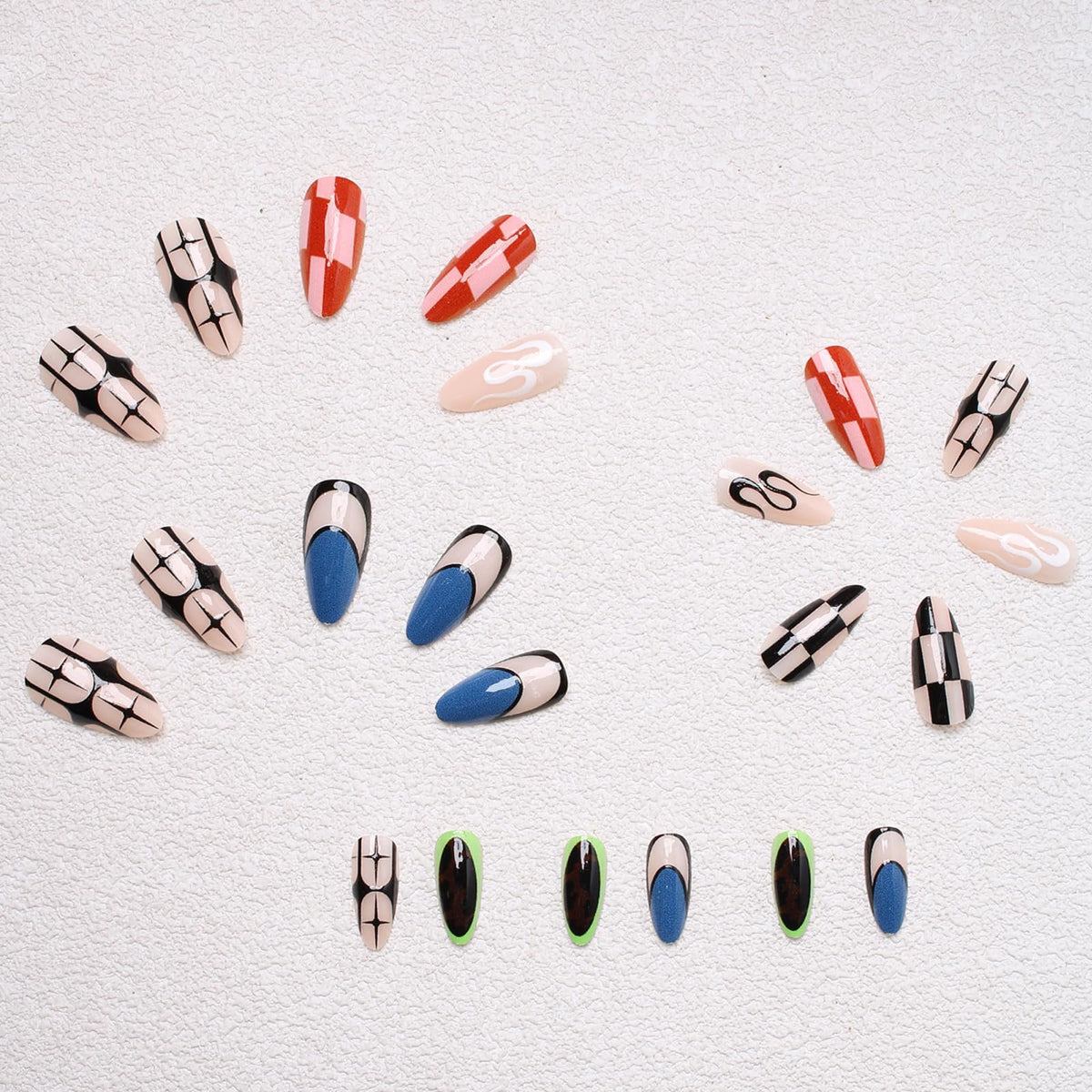 IMRAIN Press on Nails Medium Almond Fake Nails Glossy Glue on Nails Full Cover Black Blue Acrylic False Nails Stick on Nails for Women 24Pcs