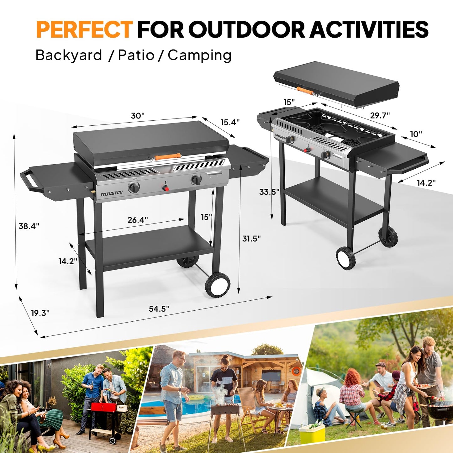 ROVSUN 2-in-1 Propane Stove & 30'' Griddle Combo with Ignition, 2 Burner 150,000 BTU Gas Stove & Grill with Side Shelves, Rolling Wheel & Regulator for Home Outdoor Backyard Camping Cooking Grilling