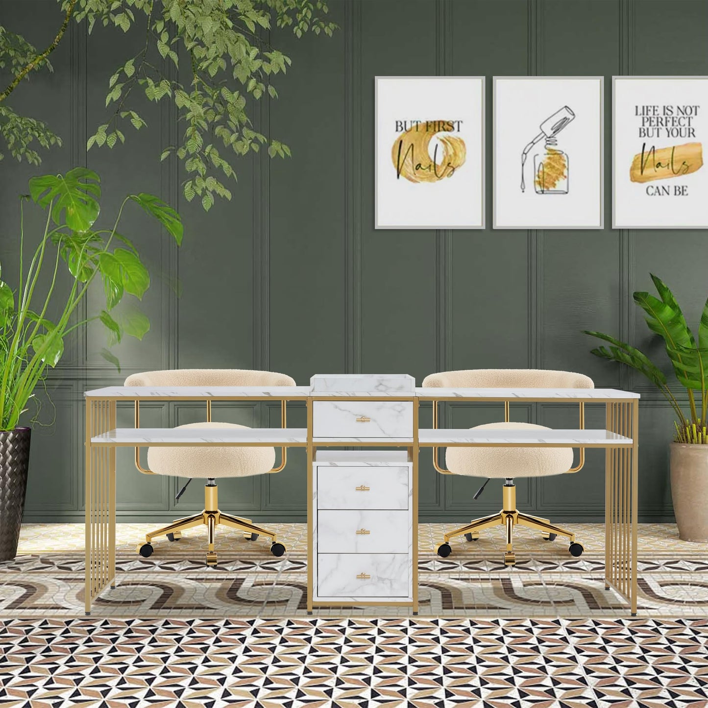 BarberPub Acetone Resistant Nail Table with Metal Frame, Double Manicure Desk for Nail Tech, Manicure Salon Storage Beauty Station 2456