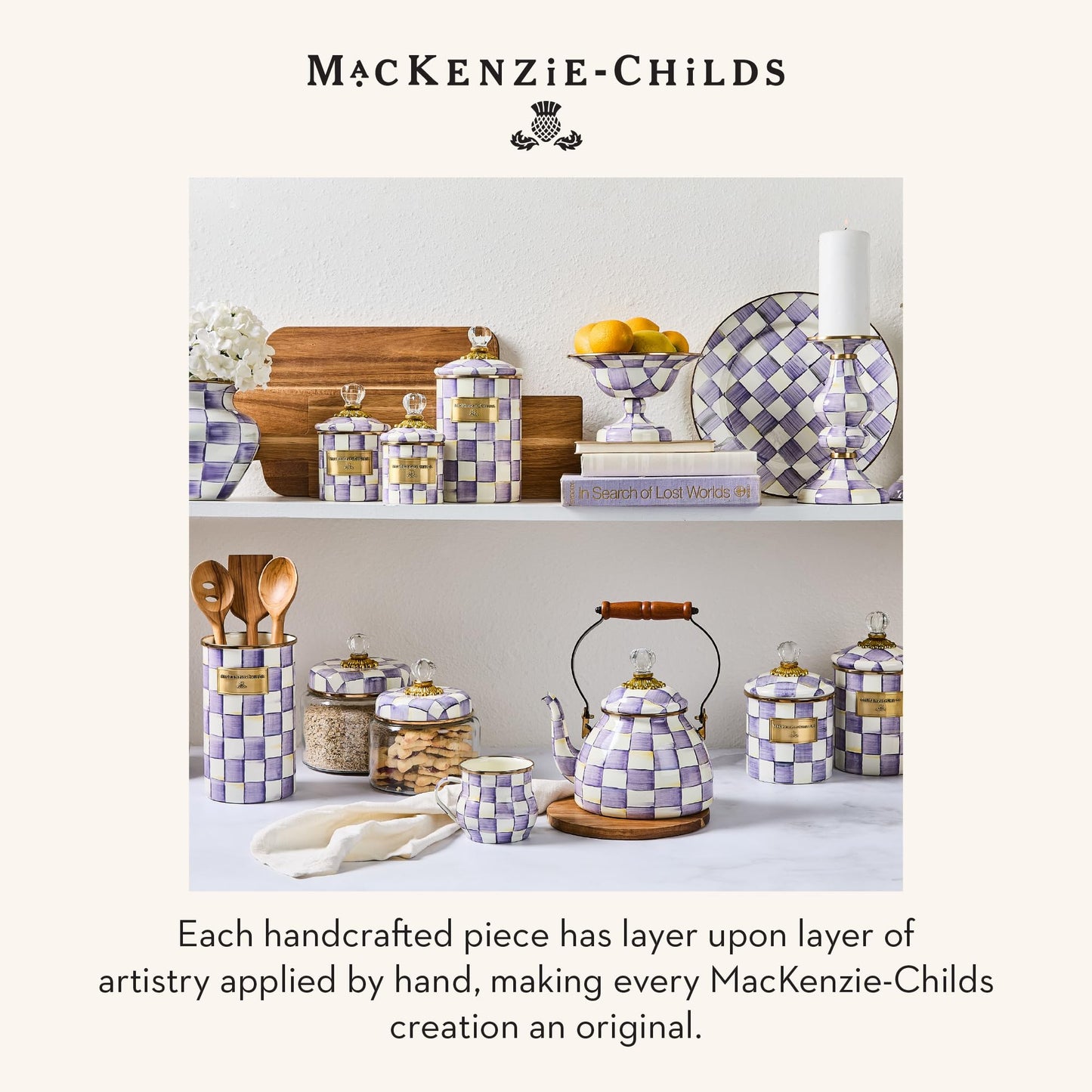 MACKENZIE-CHILDS Coffee French Press, Glass French-Press Coffee Maker, 32-Ounce Capacity, Purple-and-White Violet Check