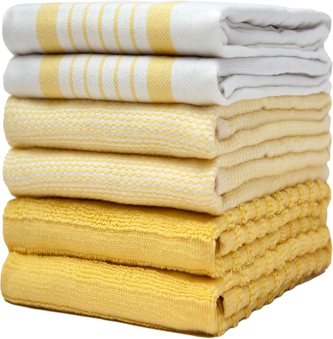 Premium Kitchen Towels (20âx 28â, 6 Pack) | Large Cotton Dish Towels | Flat & Terry Highly Absorbent Kitchen Linen Set with Hanging Loop | Yellow Striped