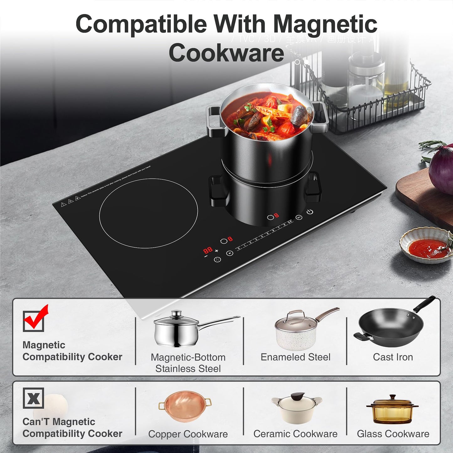 VBGK Double Induction Cooktop,4000W 2 burner induction cooktop,110V Hot Plate Electric Burner Portable Induction cooktop 2 burner with LCD Touch Screen 9 Levels Settings Child Safety Lock & Timer