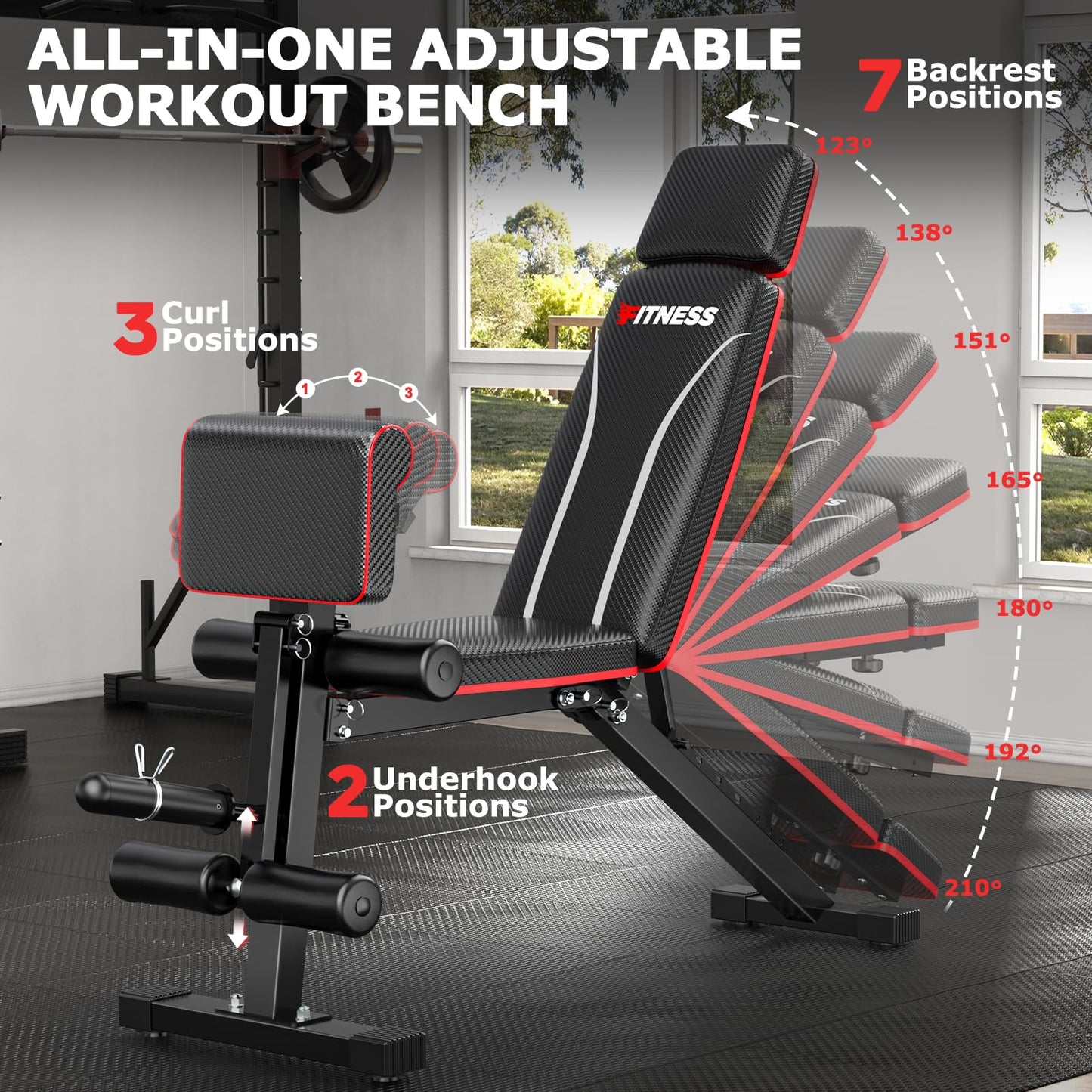 Fostoy Foldable Workout Bench, Adjustable Weight Bench for Home Gym, Multi Functional Gym Bench w/Leg Extension &Preacher Pad, Extra Headrest, Fast Folding Strength Training Incline Sit up Bench 800LB